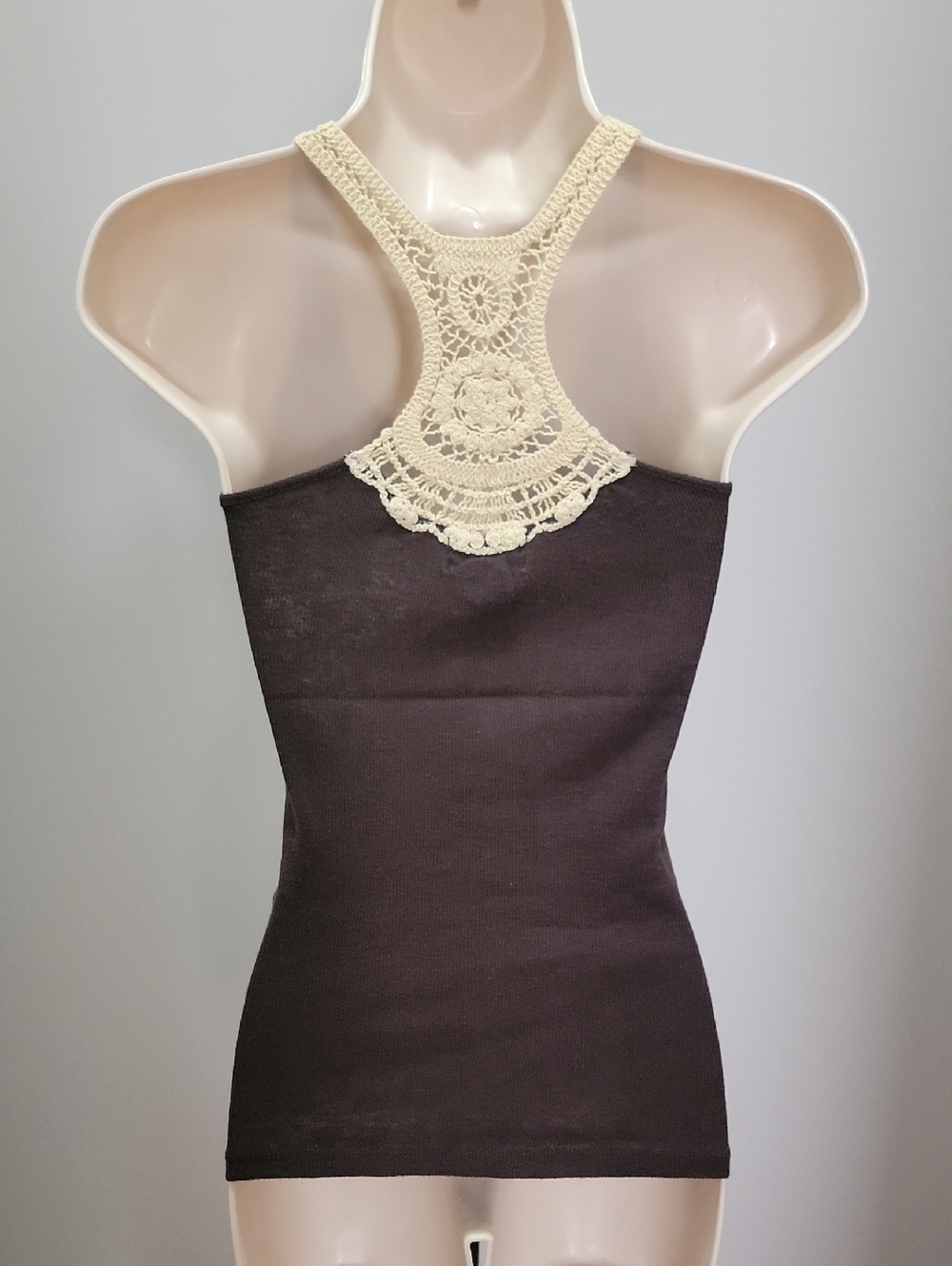 Boho Brown Ribbed Tank with Cream Crochet Racerback Detail Sz S
